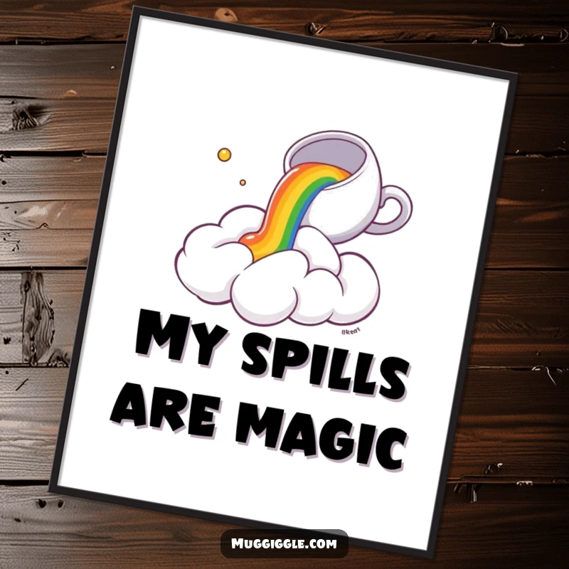 Funny Poster: A tiny teacup pours a delightful rainbow over a wide-eyed, astonished fluffy cloud, creating a humorous visual.