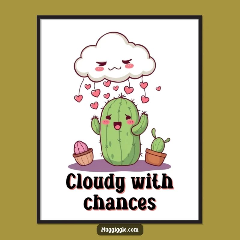 Funny Grumpy Cloud Cactus Poster: Cute Heart Rain Art Print Gift
