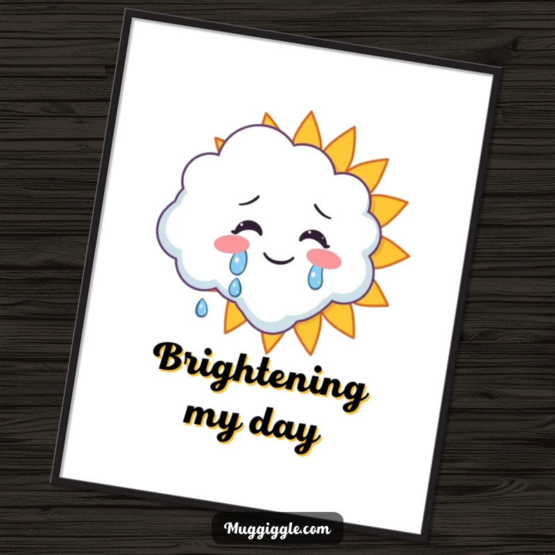 Funny poster art of a cloud character shedding happy tears onto a beaming sun character, depicting pure emotional delight.