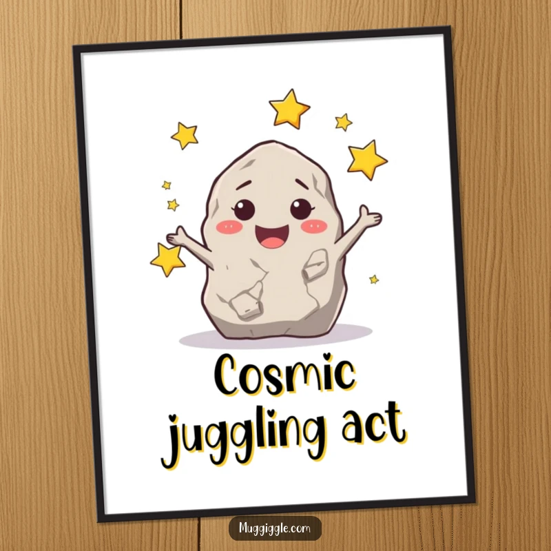 Funny smiling rock character joyfully juggling tiny stars, a humorous and inspiring poster for wall art.