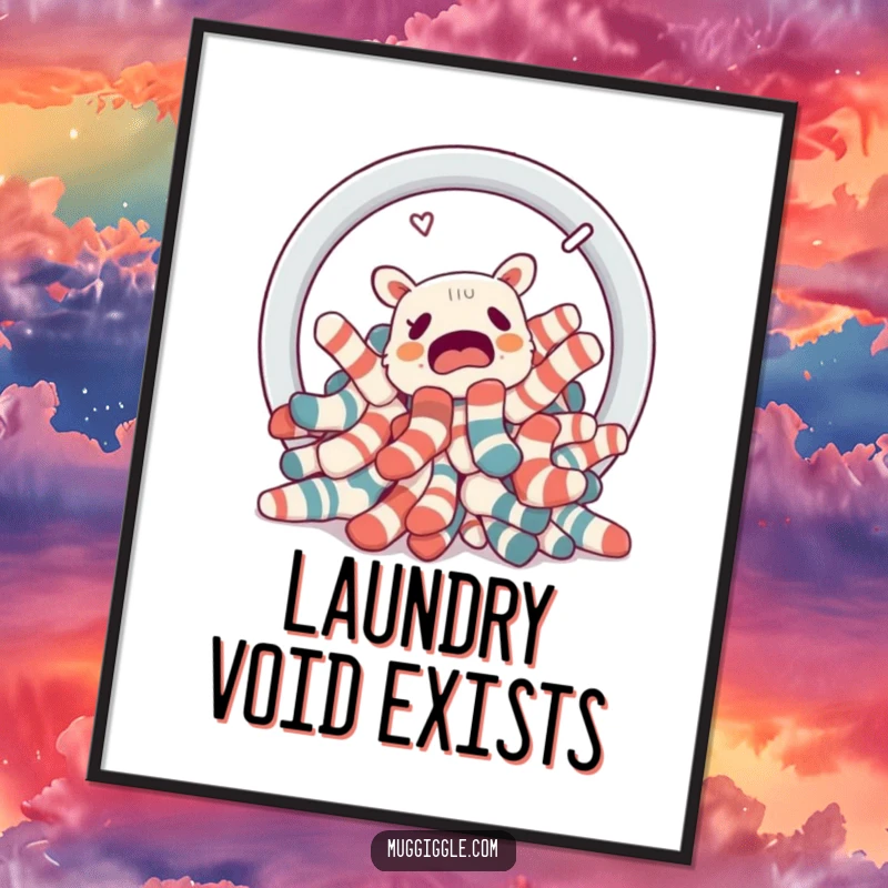 Funny pile of socks trying to escape a laundry basket portal, displayed as a humorous poster print.