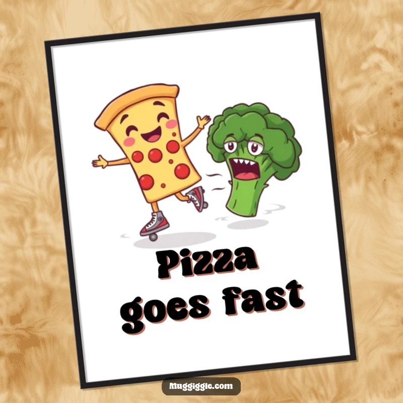 Funny Poster of a smiling pizza slice on roller skates, zooming past bewildered broccoli, adding humorous food-themed art.