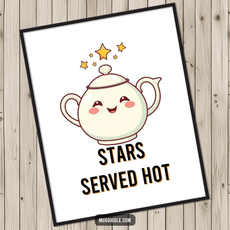 Funny poster artwork of a cheerful teapot pouring a stream of shining stars, creating a whimsical and magical scene.