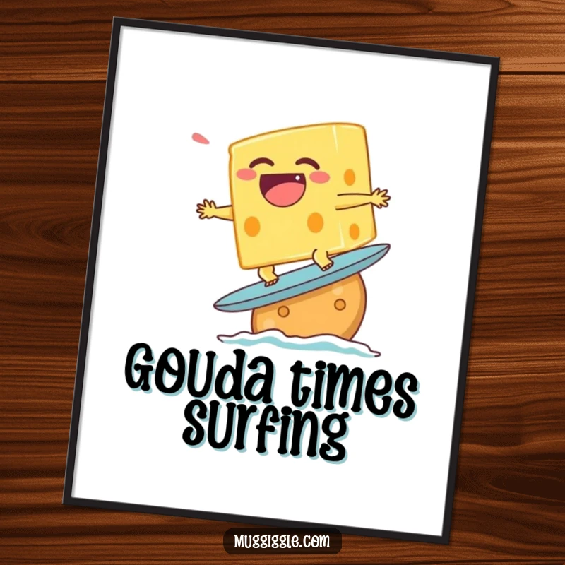 Funny poster of a laughing cheese character attempting to surf on a cracker, adding whimsical food art.