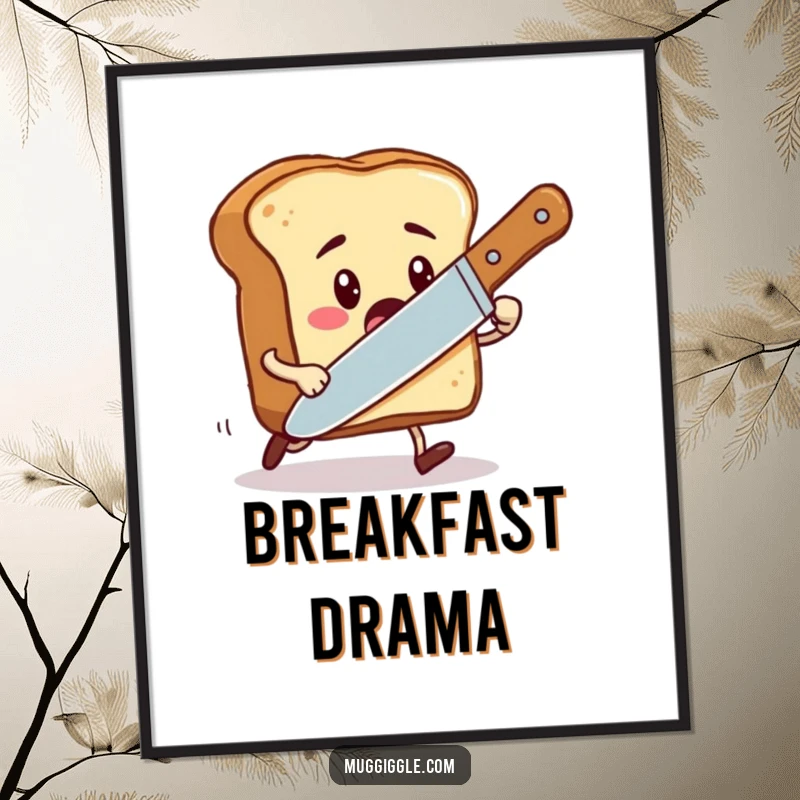 Funny poster featuring a scared toast character being chased by a playful, oversized butter knife, adding humor to decor.