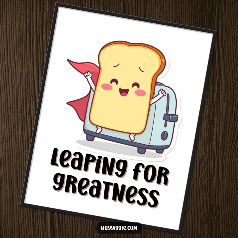 Funny poster of a smiling toast character with a cape launching from a toaster, capturing a moment of breakfast heroism.