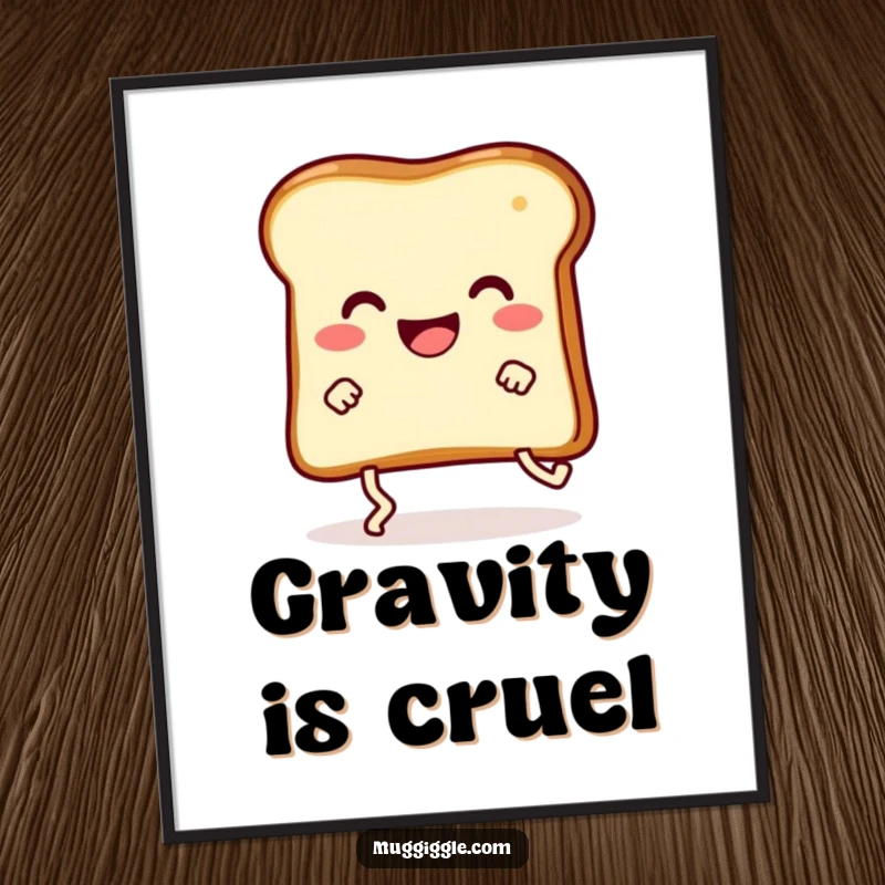 Funny happy slice of toast with legs hilariously tripping over itself, displayed as a humorous poster print.