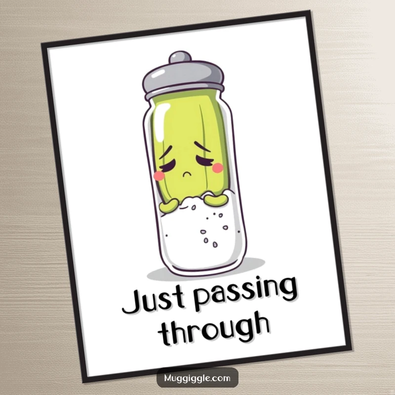 Funny anxious pickle character hiding behind a huge salt shaker, presented as humorous wall art.