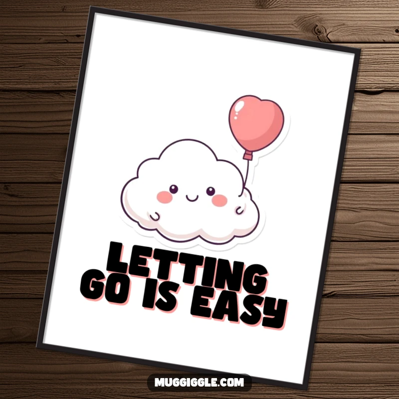 Funny art poster of a smiling cloud character happily floating away with a runaway balloon, evoking a sense of freedom.