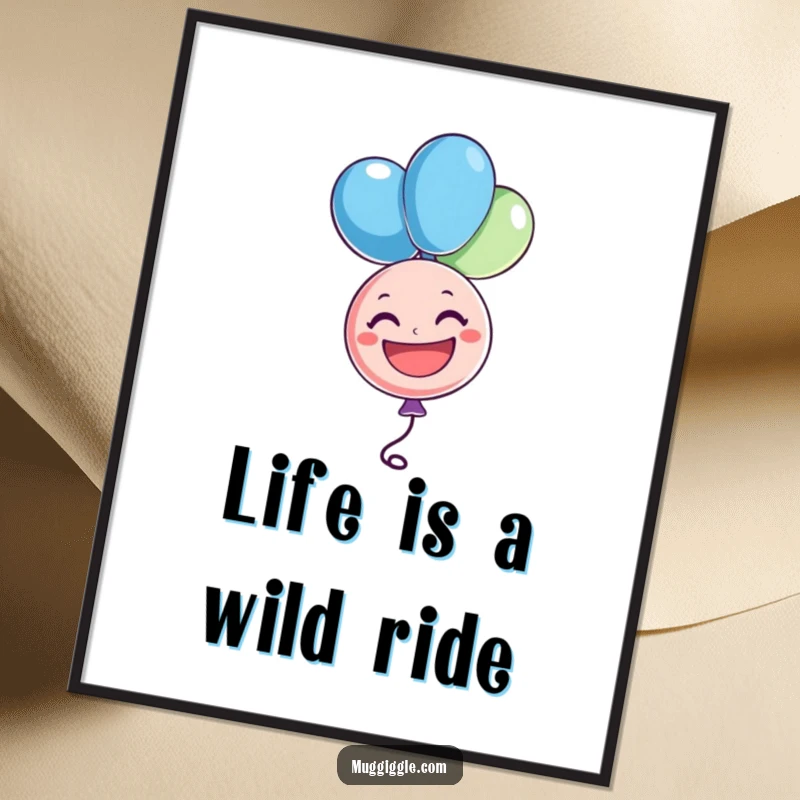 Funny poster of a cheerful balloon character floating upside down with a big grin, perfect for vibrant wall decor and a funny gift.