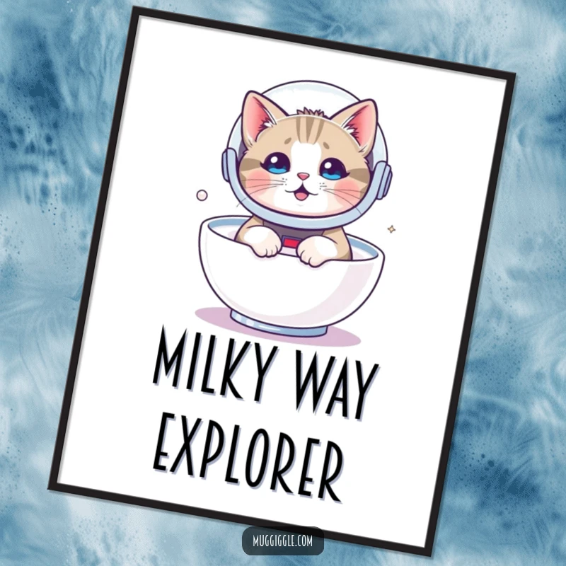 Funny poster artwork of a cat wearing an astronaut helmet, floating in milk, a surreal and humorous space scene.