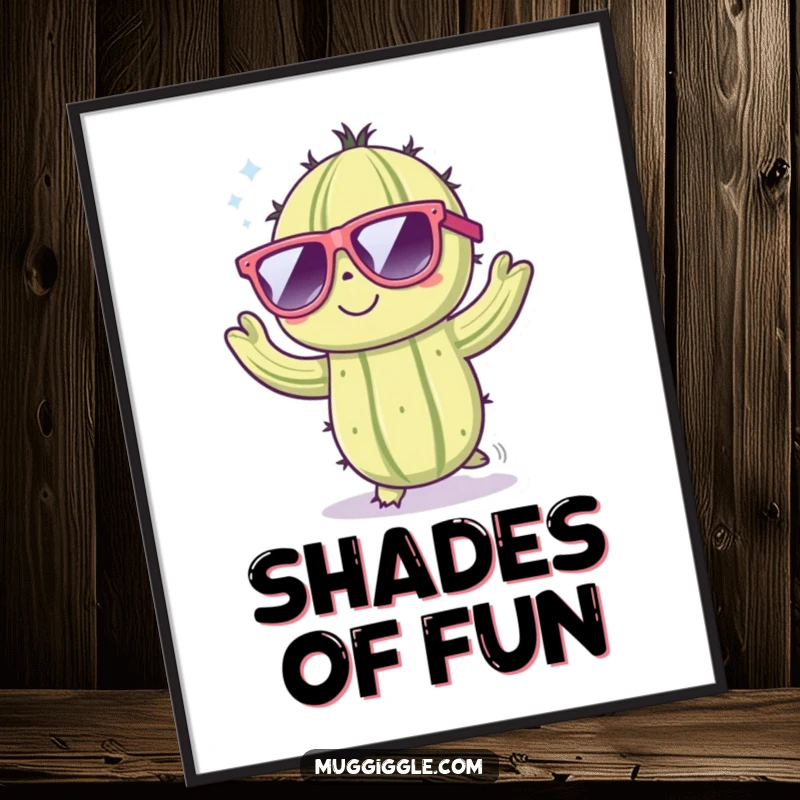Funny poster featuring a cute cactus character in oversized sunglasses, dancing energetically with a joyful, cool attitude.