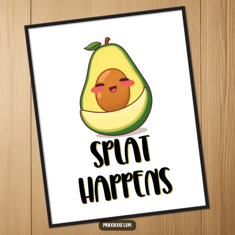 Funny Avocado Poster: A clumsy green avocado character comically slipping on its own peel, a humorous cartoon illustration for decor.