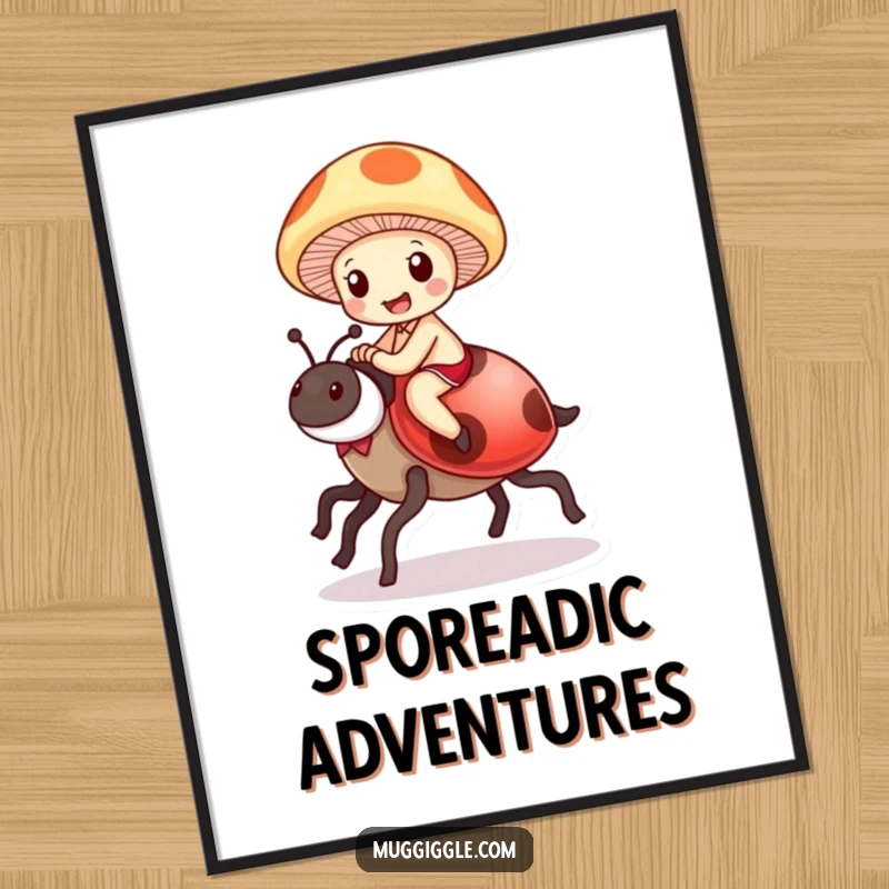 Funny Mushroom Ladybug Poster: A delighted mushroom character joyfully rides a ladybug as a steed, enchanting cartoon wall art.