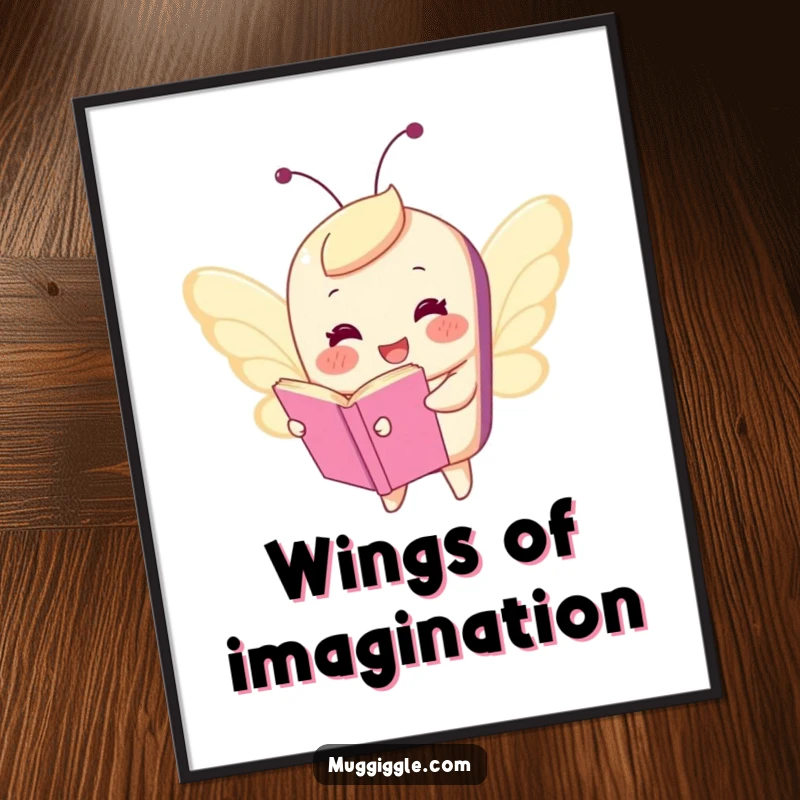 Funny poster depicting a happy book character comically flying with tiny butterfly wings, perfect for adding whimsical and humorous wall decor.