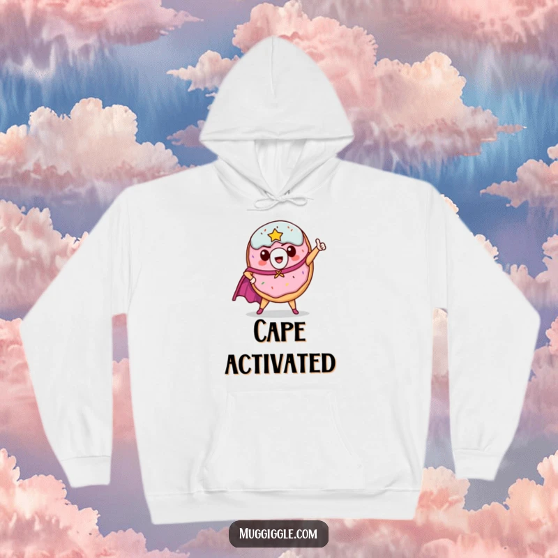 Funny donut hero hoodie, cape flying dramatically, in a heroic stance, radiating sweet, funny power.