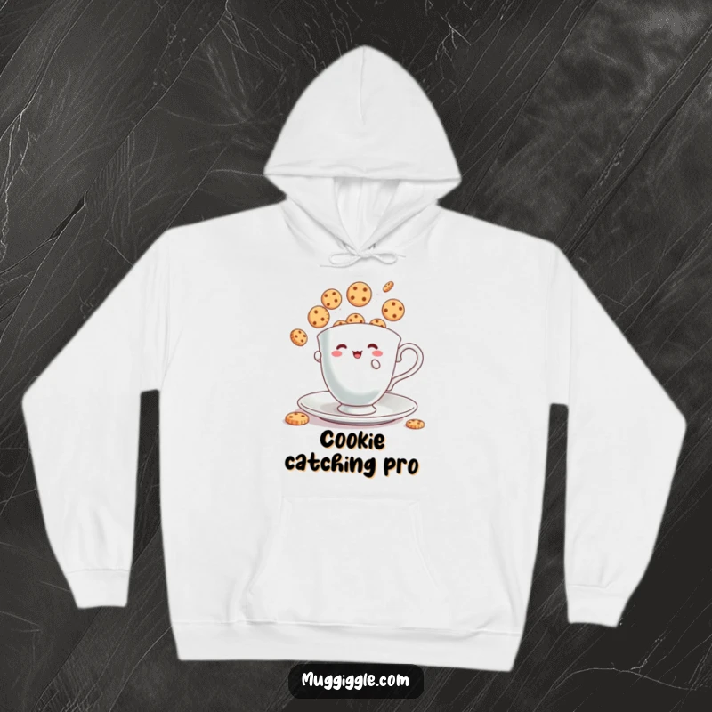 Funny Hoodie: Teacup character juggling bouncing cookies, a warm and humorous apparel choice.