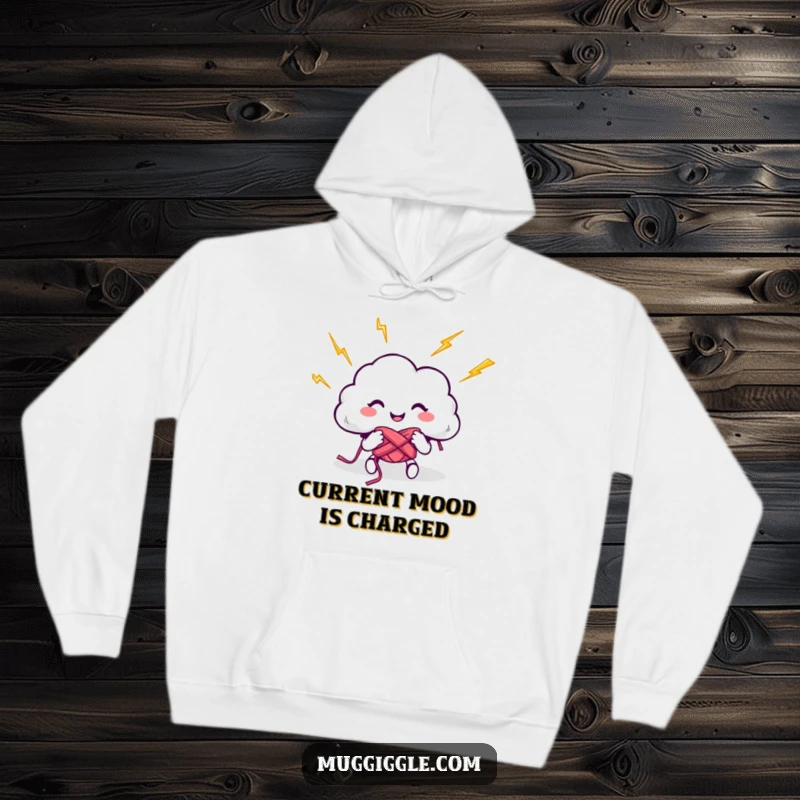 Funny hoodie featuring a cheerful cloud character knitting with bright lightning bolts, offering warmth and a delightful, humorous visual.