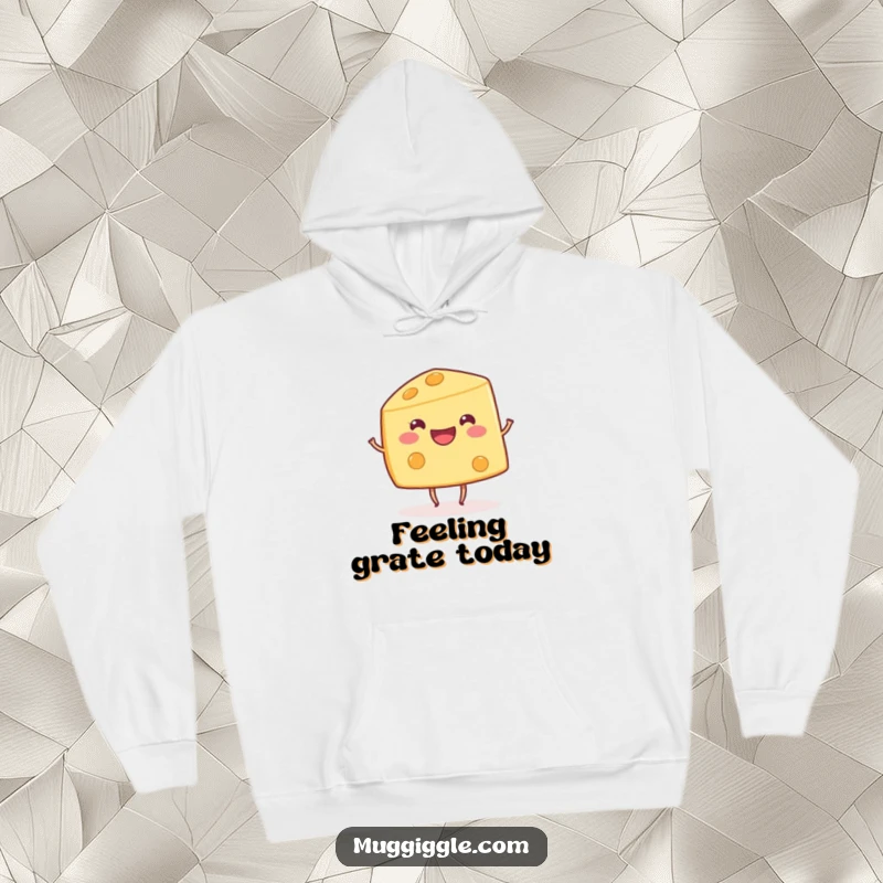 Funny happy cheese wedge character with tiny dancing legs, featured on a cozy hoodie for warm and humorous vibes.