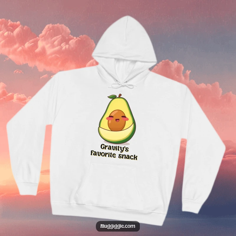 Funny Avocado Hoodie: A clumsy green avocado character slipping comedically on its own peel, an amusing cartoon illustration.