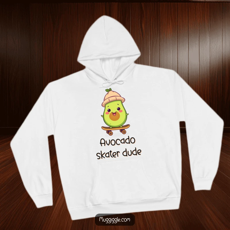 Funny avocado hoodie, sporting a hat, riding a skateboard with confidence, a warm and humorous piece for food lovers.