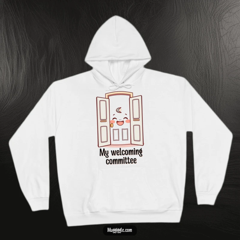 Funny hoodie with a friendly door character opening wide to reveal a contagious laughing face, symbolizing warmth.