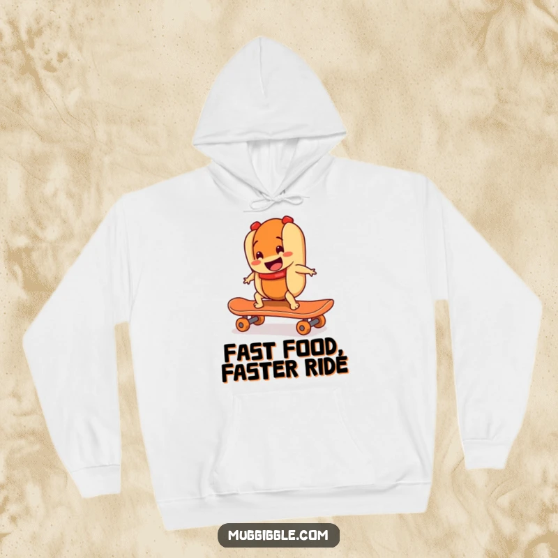 Funny hoodie with a smiling hot dog character riding a runaway skateboard, offering warmth and a dose of hilariously energetic fun.