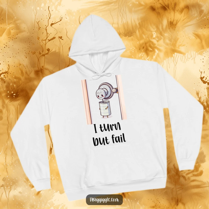 Funny Hoodie: A sentient door knob strains with all its might to open a very small, stubbornly sealed tin can.