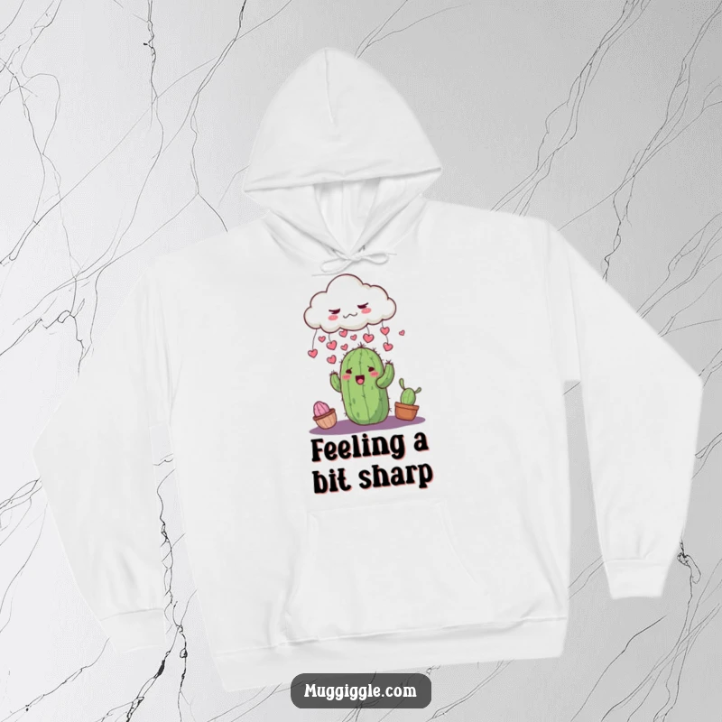 Funny grumpy cloud raining tiny hearts onto a smiling cactus, featured on a soft and cozy hoodie.