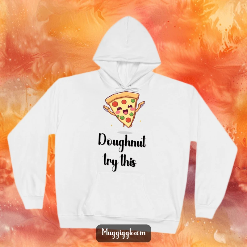 Funny hoodie featuring a joyful pizza slice character using breadstick wings to attempt flight, embodying delicious dreams and cozy warmth.