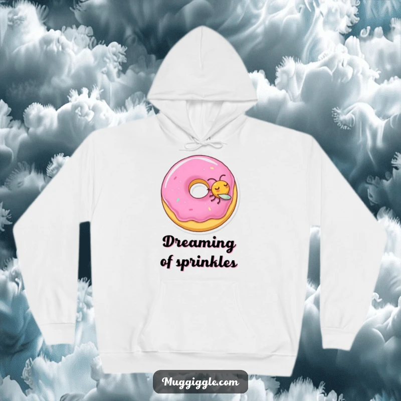 Funny hoodie with a sleeping donut character being nudged by a mischievous fly, designed for cozy humor.