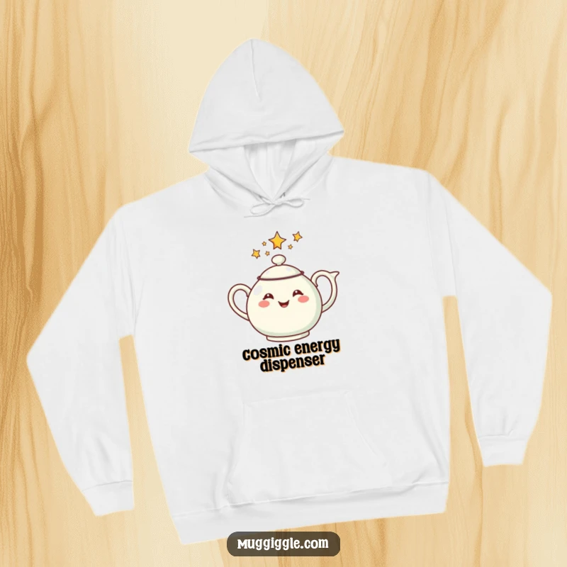 Funny hoodie with a cheerful teapot pouring stars, providing cozy comfort and a touch of cosmic enchantment.