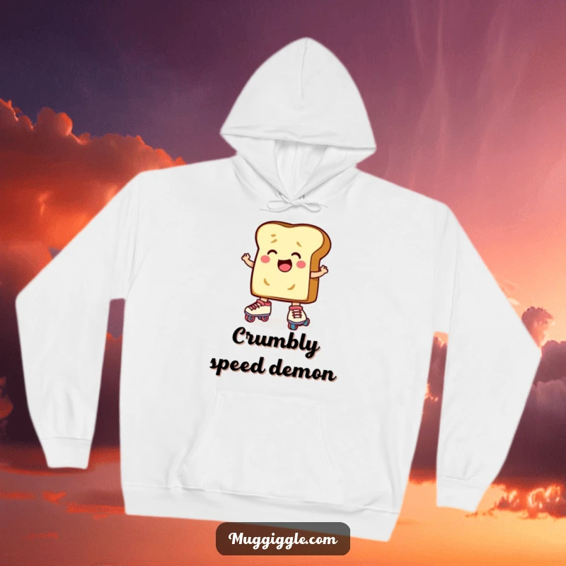 Funny Toast Roller Skates Hoodie: A determined slice of toast character comically trying to put on roller skates, a warm and funny sweatshirt.