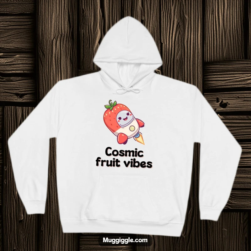 Funny Hoodie showing a smiling strawberry captaining a tiny rocket ship that wobbles uncertainly in outer space.