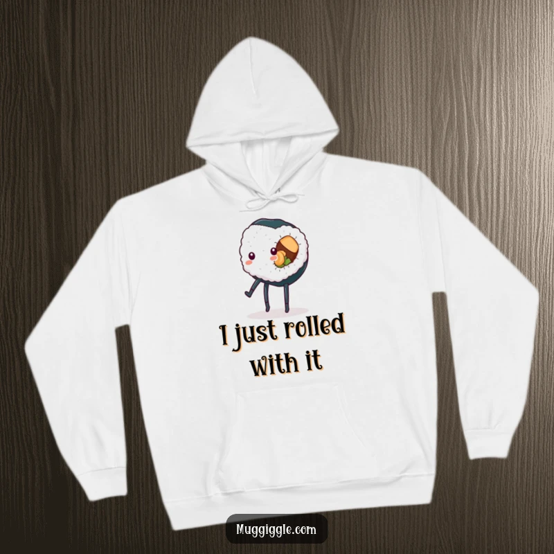 Funny sushi roll hoodie, legs in a precarious cartwheel position, exuding silliness and warmth, a cozy and hilarious gift for fans.