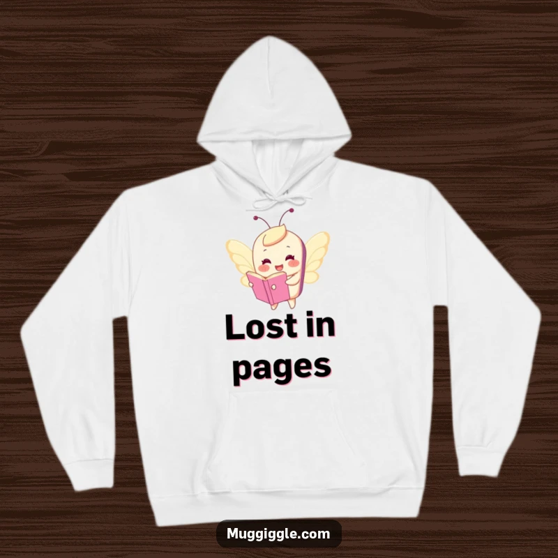 Funny hoodie showcasing a happy book character comically flying with tiny butterfly wings, perfect for warm comfort and a dose of literary magic.