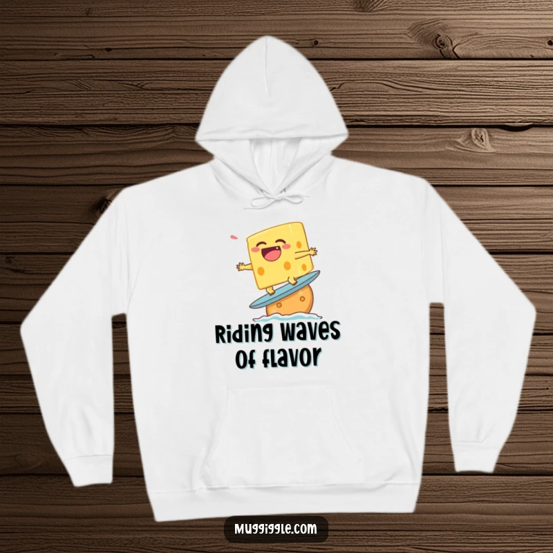 Funny hoodie depicting a laughing cheese character attempting to surf on a cracker, ideal for casual, humorous wear.