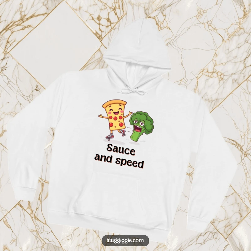 Funny Hoodie featuring a smiling pizza slice on roller skates, zooming past bewildered broccoli, offering cozy humor for food lovers.