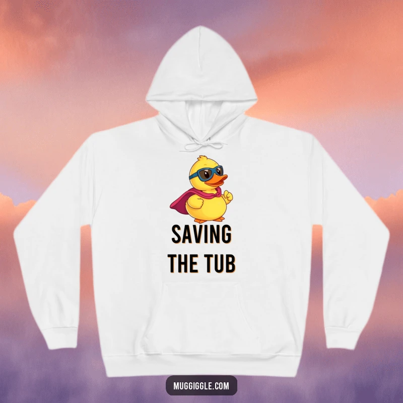 Funny hoodie with a rubber ducky superhero character in a cape, striking a heroic pose, representing bravery.