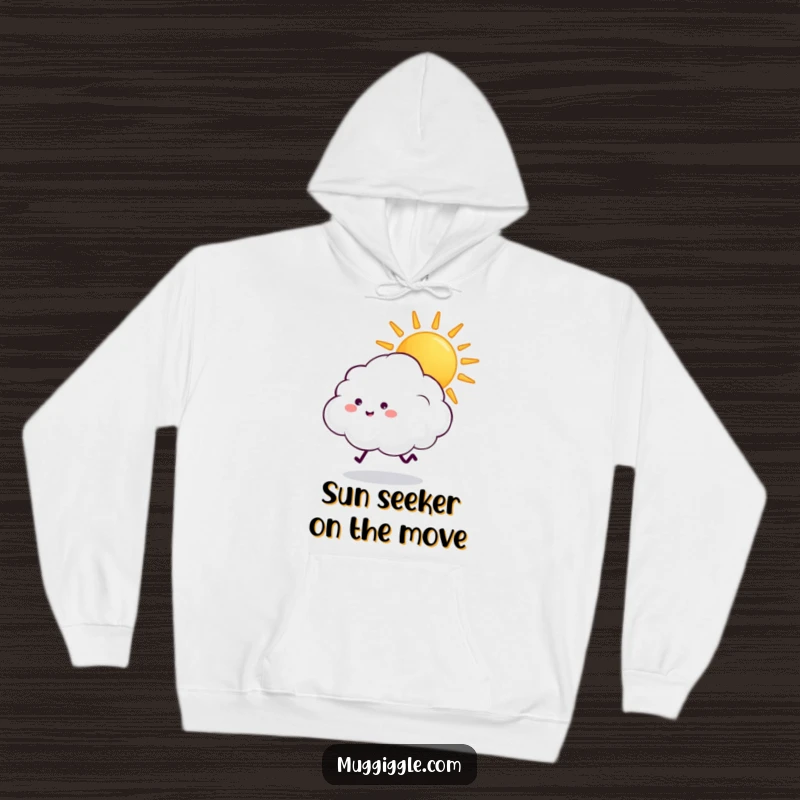 Funny fluffy cloud with tiny legs joyfully chasing a beaming sun, on a warm and cozy hoodie.