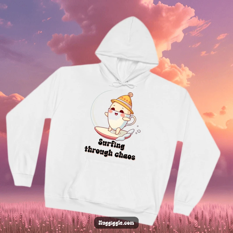 Funny Hoodie depicting a bewildered teacup in a hat attempting to surf a giant bubble, blending humor and fantasy.