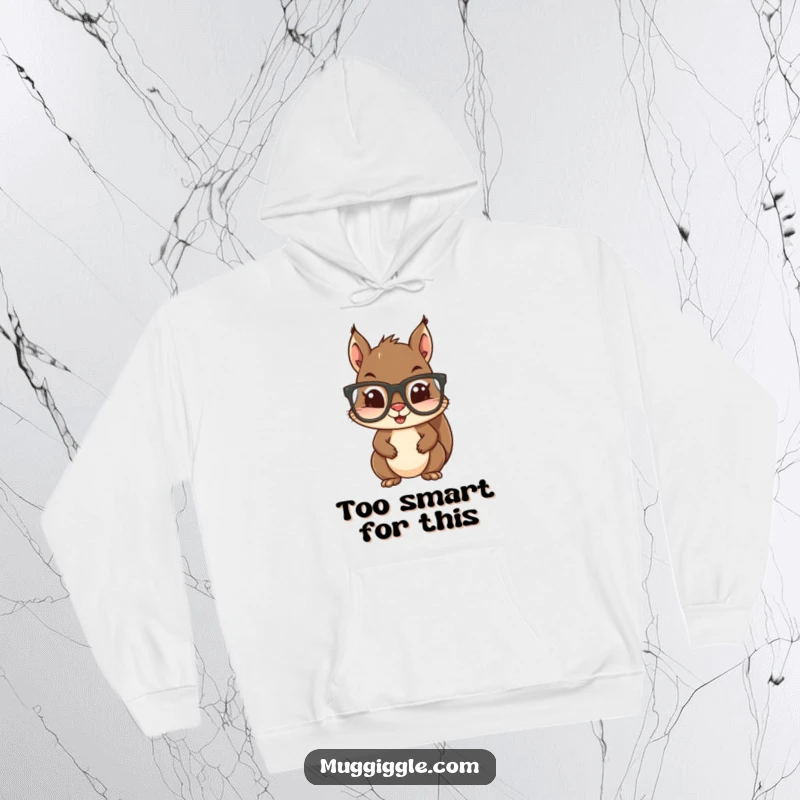 Funny hoodie with a squirrel attempting to wear oversized glasses, providing warmth and a side of humorous woodland antics.