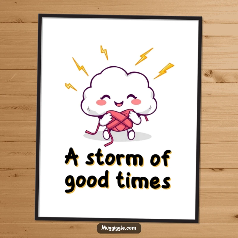 Funny Free Printable Wall Art: Cheerful cloud character creates with knitting needles and crackling lightning bolts, adding quirky decor.