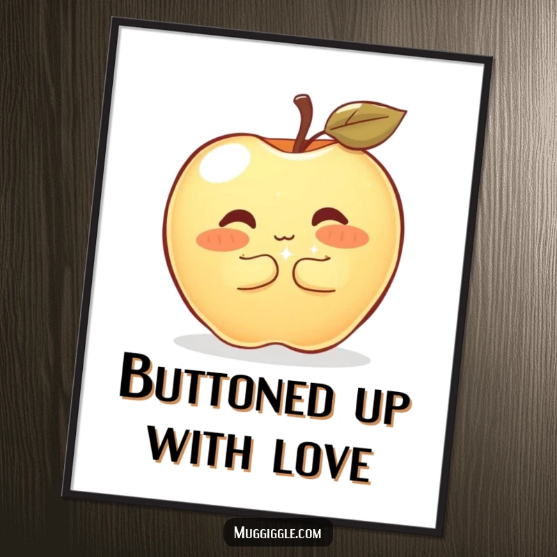 Funny Free Printable Wall Art: Shy apple blushing while hugging a very large, sparkly button.