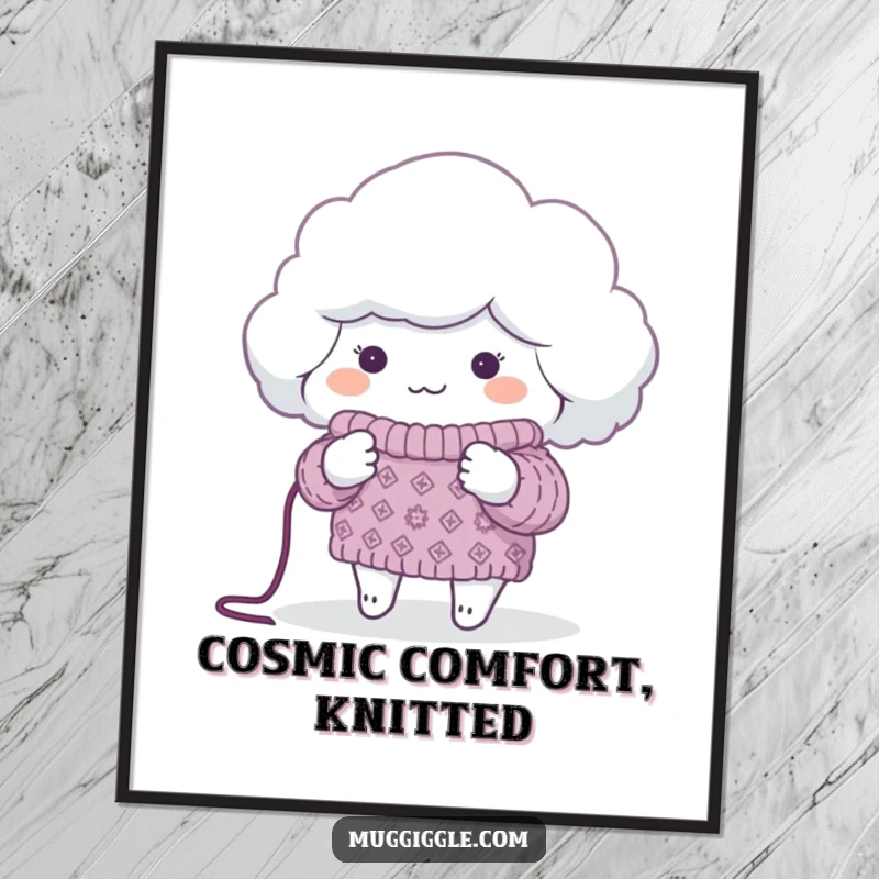 Funny Free Printable Wall Art: Fluffy cloud attempting to knit a sweater for a tiny, chilly planet.