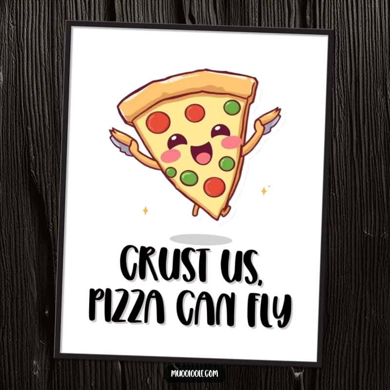 Funny Free Printable Wall Art: A joyful pizza slice character using tiny breadstick wings to attempt a hilarious flight.
