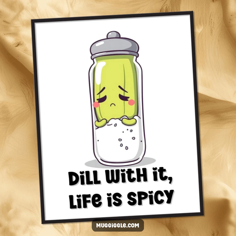 Funny Free Printable anxious pickle character trying to hide behind a giant salt shaker, quirky wall art.