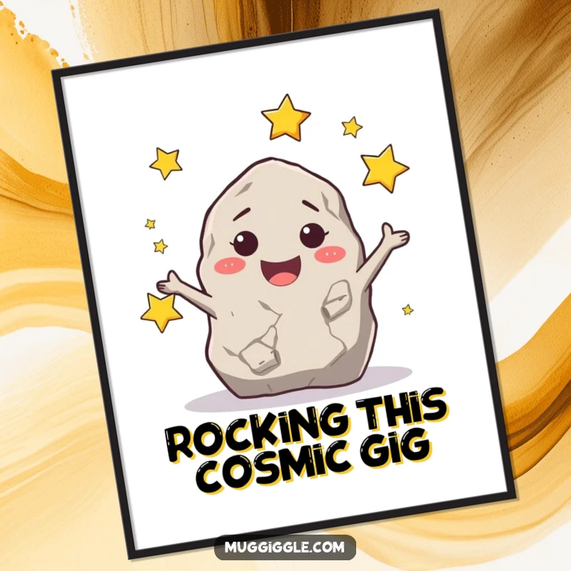 Funny Free Printable Wall Art: A smiling rock character joyfully juggling tiny stars, creating a vibrant, humorous display.