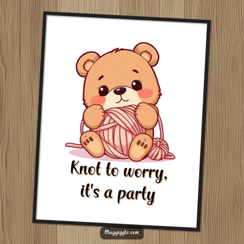Funny Free Printable Wall Art: A bewildered bear character completely ensnared in a gigantic ball of colorful yarn.