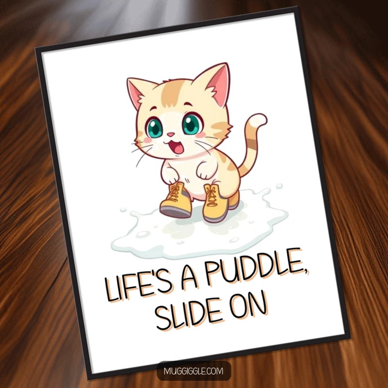 Funny Free Printable Wall Art: A shocked cat wearing tiny boots slides across spilled milk, a hilarious household scene.